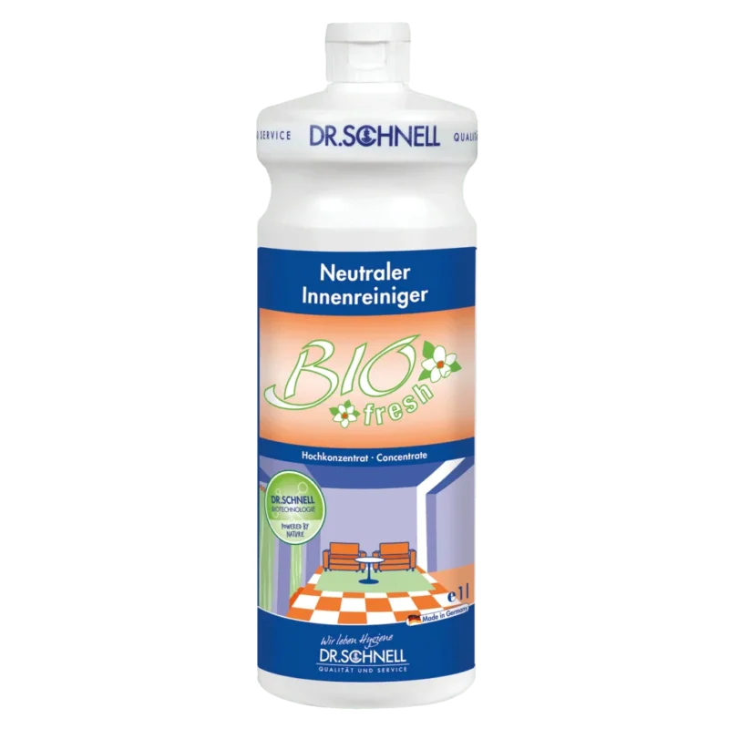Eine weiße 1L Flasche DR.SCHNELL BIOFRESH Probiotischer Geruchstilger für Gebäudereinigung und Raumfrische von DR.SCHNELL GmbH & Co. KGaA, mit blau-orangem Etikett und Innenraumgrafik - ideal für dauerhafte Frische.