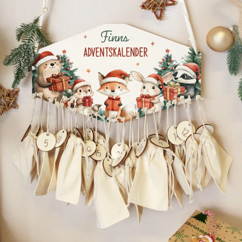 Personalisierter Holz-Adventskalender Tiere mit Geschenken und Name