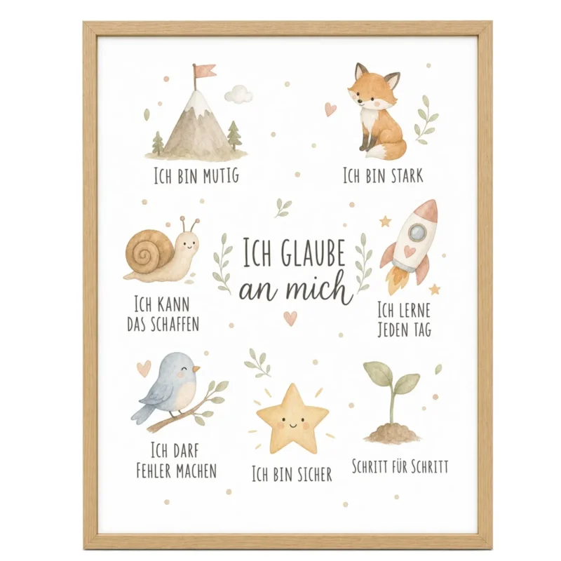 Affirmationsposter Kinderzimmer Collage Ich glaube an mich, im Mädchenzimmer