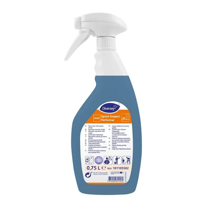 Eine blaue 0,75-Liter-Sprühflasche TASKI Sprint Impact Performer, Universeller Kraftreiniger von Diversey Deutschland GmbH & Co. OHG, mit weißem Auslöser und einem Frontetikett mit mehrsprachigen Anweisungen und Produktinformationen.