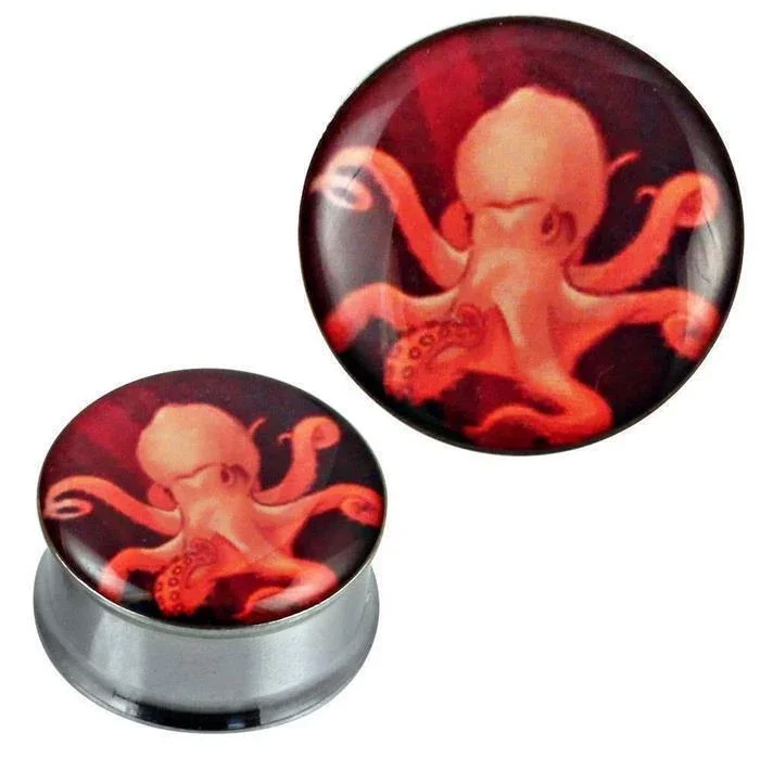 A round silver tunnel plug made of stainless steel and acrylic, featuring an orange-red octopus design on a dark background, named "Tunnel silbern Edelstahl Plug Acryl Tintenfisch orange rot Piercing.