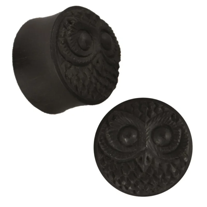 Plug Holz schwarz Eule handgeschnitzt Federkleid Schnabel Tribal Piercing