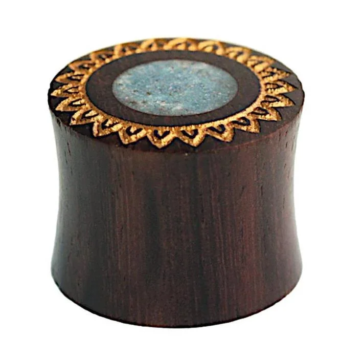 Plug Sonoholz crushed Türkis Stein Inlay Blume gold double flared