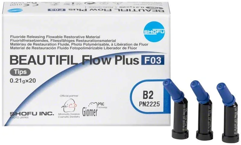 Beautifil Flow Plus F03 Tips B2 mit Verpackung und drei Applikationsspitzen.