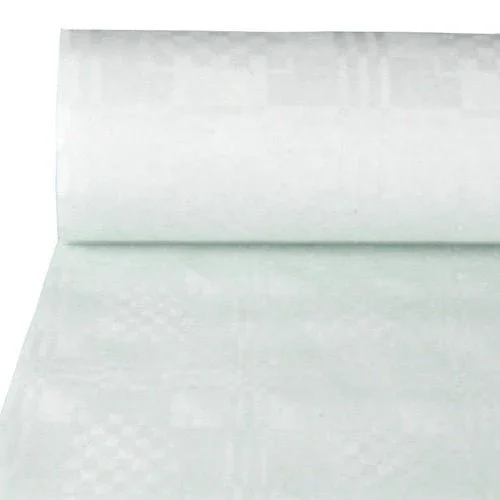 Die Nahaufnahme des PAPSTAR GmbH Papiertischtuch Damastprägung, 100 m x 1 m, weiss | Folie (1 Rolle), zeigt das subtile geometrische Damastmuster auf der weissen Oberfläche.