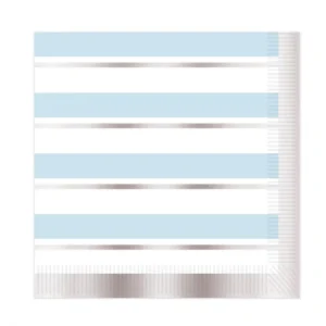 16 serviettes en papier à rayures bleues et blanches avec bords argentés