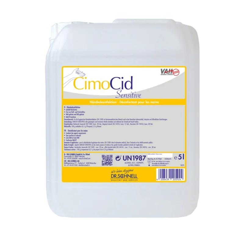 Der weiße 5L Kunststoffbehälter der Dr. Schnell CIMOCID SENSITIVE Händedesinfektion der DR.SCHNELL GmbH & Co. KGaA mit gelbem Etikett bietet sanften Hautschutz und wirksame Keimreduzierung mit mehrsprachigen Anwendungs- und Sicherheitshinweisen.