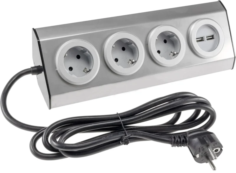 3-fach Steckdosenblock Edelstahl 2x USB 90° für Eck-& Aufbaumontage, 1,9m Kabel