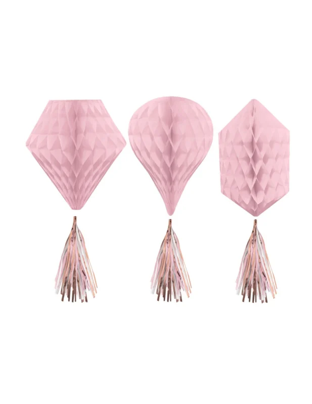 3 décorations à suspendre alvéolées en papier rose gold avec pompons