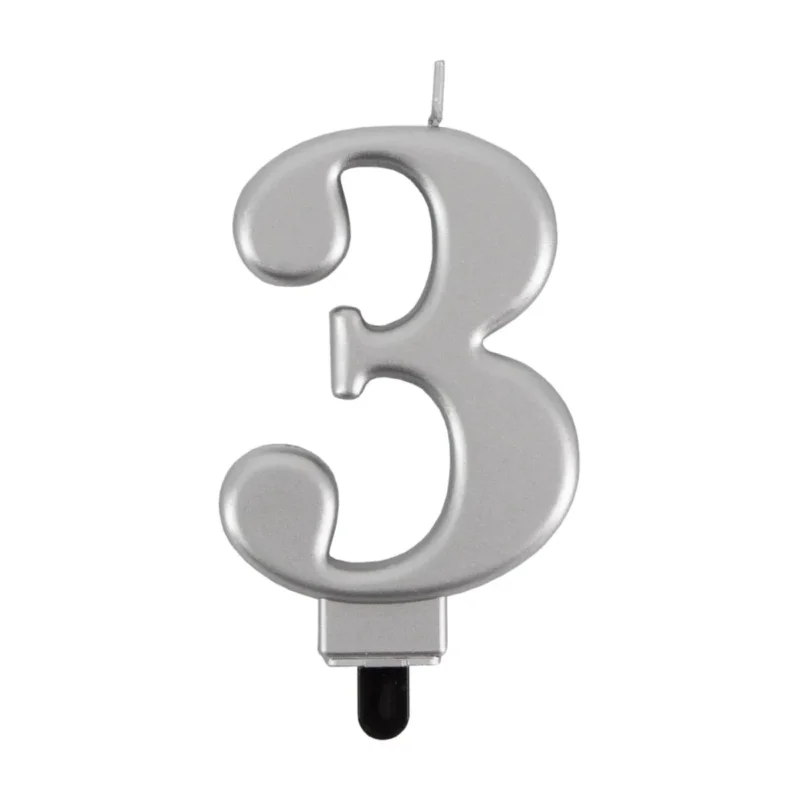 3 Jaar Kaars Zilver Metellic 7cm van VDV Benefit koop je bij Partywinkel