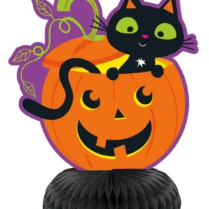 Mini centre de table en papier alvéolé chat et citrouille pour décoration d'Halloween orange et noir