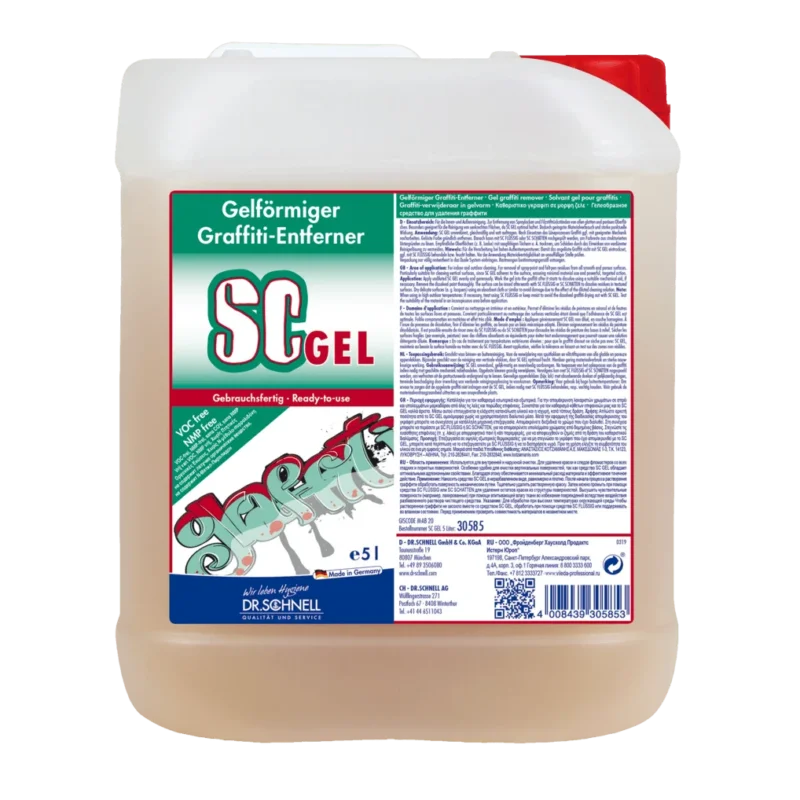Ein 5L-Gebinde Dr. Schnell SC GEL Graffitientferner der DR.SCHNELL GmbH & Co. KGaA ist mit einem grün-roten Etikett mit Anwendungshinweisen und Graffiti-Grafik versehen - ideal für die effektive Graffitientfernung.