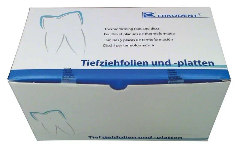 Verpackung der Erkoloc-pro transparent 50er Tiefziehfolien für dentalen Einsatz.