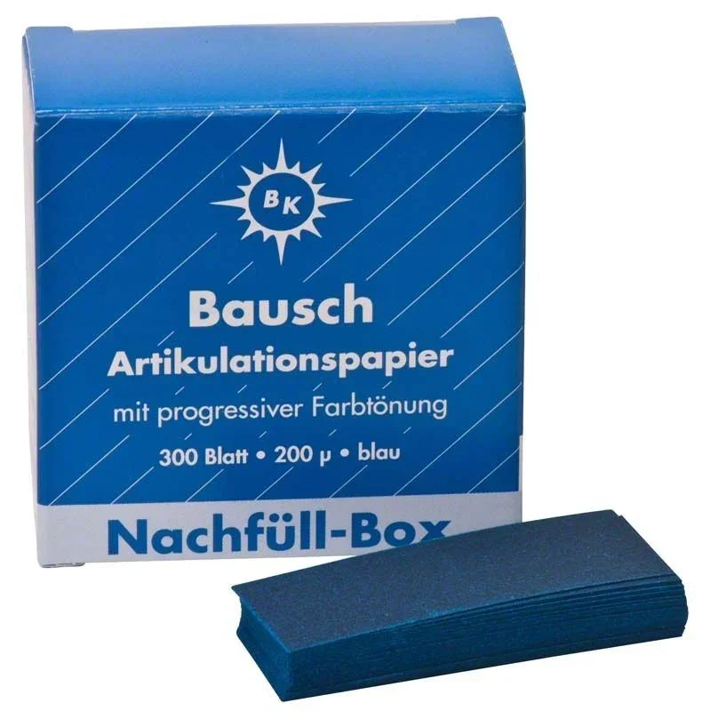 Bausch Artikulationspapier Nachfüllbox mit blauen Streifen, 200 µ, 300 Blatt.