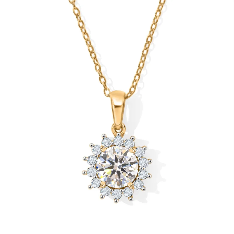 D'Joy GRA zertifizierter Moissanit Anhänger mit 50cm Kette, 925 Silber 750 Gelbgold Vermeil - 2,18 ct.