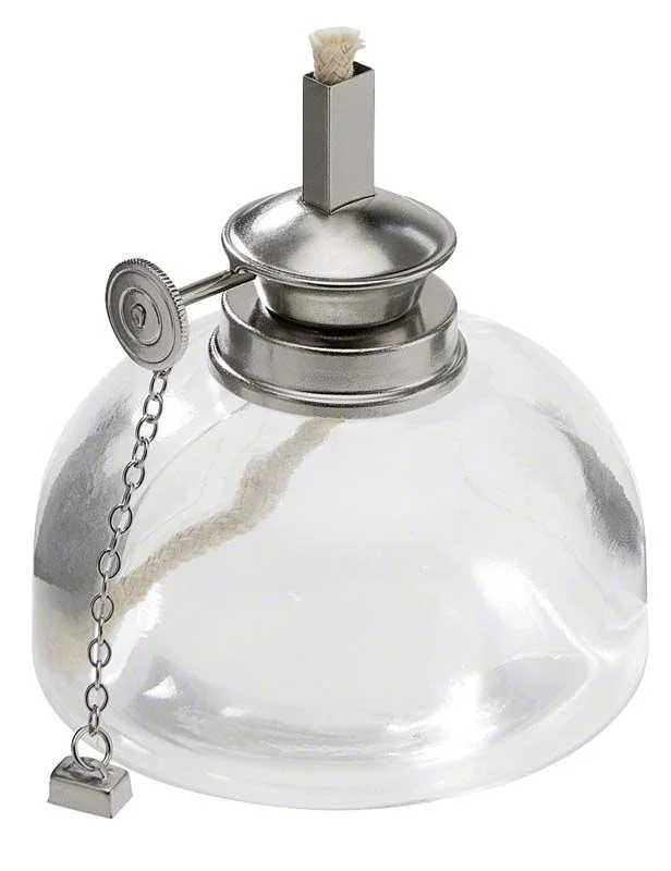 Spirituslampe aus Klarglas mit regelbarem Docht und Schraubverschluss.