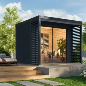 Karibu Gartenhaus Holz & Metall “Saturn” Flachdach modern in Anthrazit