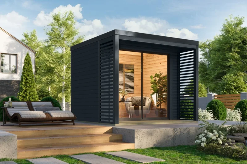 Karibu Gartenhaus Holz & Metall “Saturn” Flachdach modern in Anthrazit