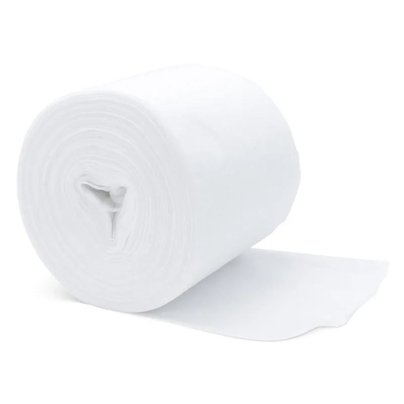 Eine große weiße Rolle ARNOMED DRY WIPES von ARNOWA GmbH wird mit einem ausgerollten Ende gezeigt. Diese trockenen Vliestuchrollen sind ideal zum Einweichen mit Desinfektionsmittel für Flächendesinfektion und werden auf einem schlichten weißen Hintergrund dargestellt.