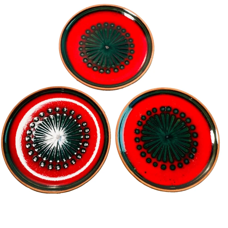 Keramik Teller 3er Set rot grün 15 cm Dessertteller Vintage 60er 70er