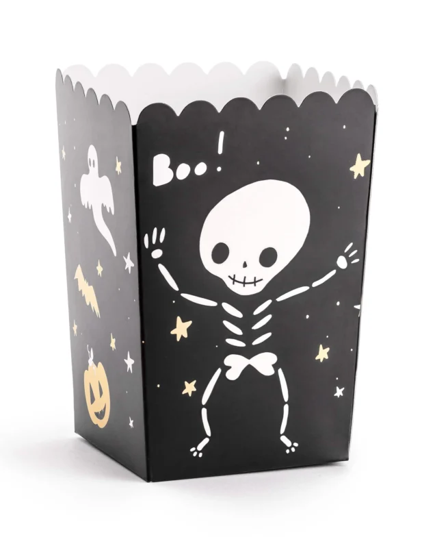 Boîte à popcorn Halloween Boo ! pour fête noir avec motifs squelette et fantôme