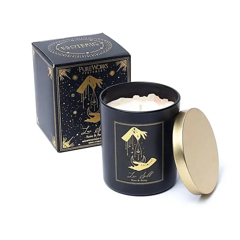 Manifestationskerze Love Spell mit Rosenquarz, Duft Rose & Pfingstrose.