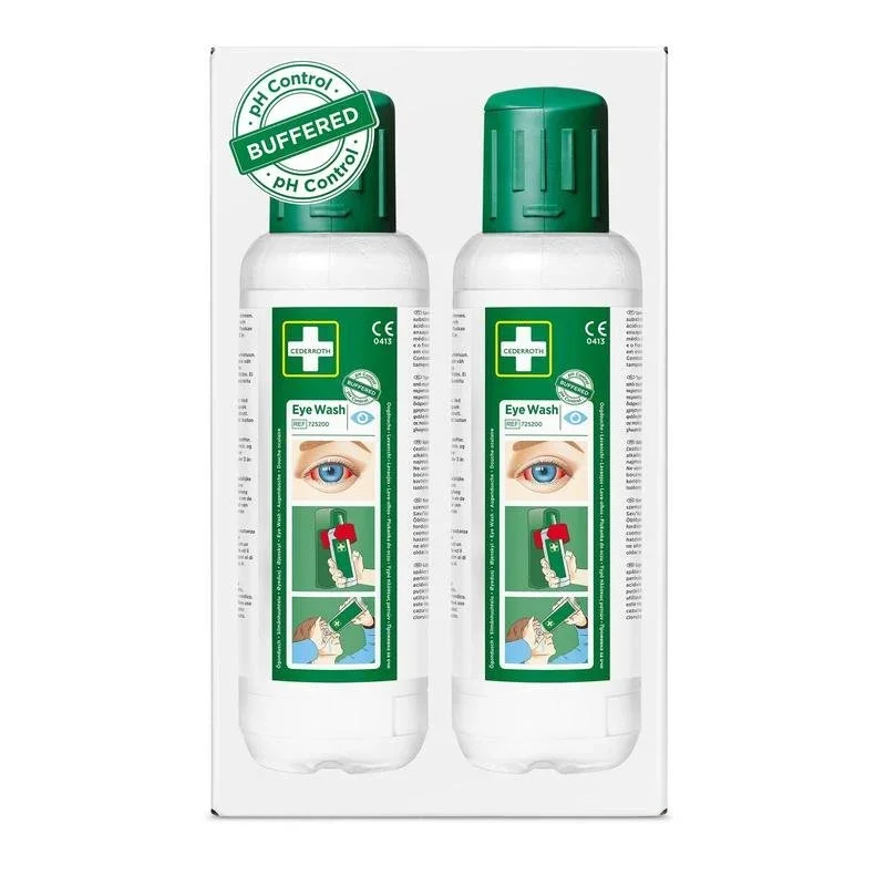 Cederroth Augenspülung 2 x 500 ml von Orkla Wound Care AB: Zwei weiße Flaschen mit grünem Verschluss und einem Augenetikett mit der Aufschrift pH Control Buffered. Perfekt für eine schnelle Reaktion bei Augenunfällen. Die Packung enthält 2 Stück (2er-Pack).