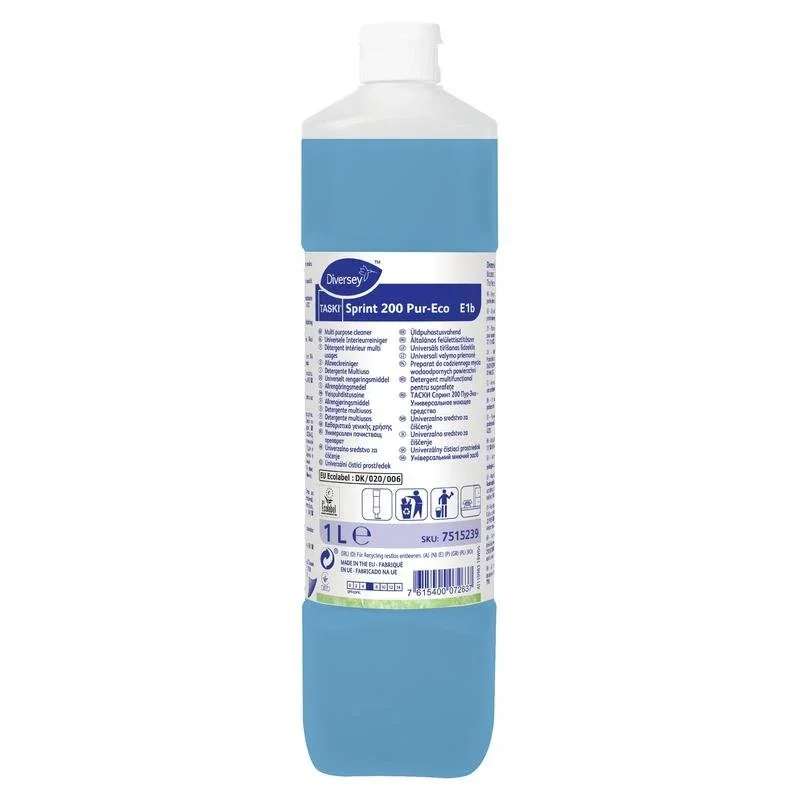 Eine 1-Liter-Plastikflasche TASKI Sprint 200 Pur-Eco Alkoholreiniger von Diversey Deutschland GmbH & Co. OHG mit blauer Flüssigkeit, weißem Verschluss und weißem Etikett mit Produktdetails und Anweisungen in mehreren Sprachen.