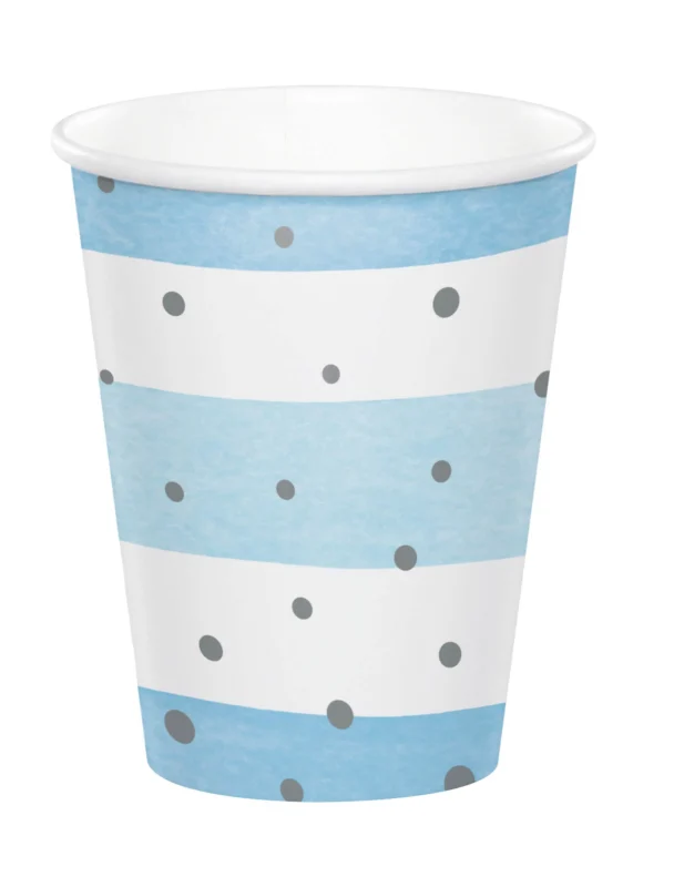 Gobelets en carton à rayures pour fête bleus et blancs à pois argent