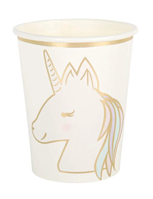 Gobelets en carton licorne pour fête blanc pastel et doré