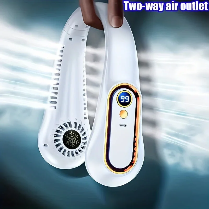 Bleib cool und bequem mit diesem USB-wiederaufladbaren Nackenventilator mit 5 Geschwindigkeitsstufen - Digitalanzeige und bladeloos! | Brehn