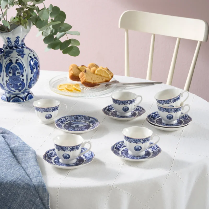 Karaca Old Town 12-teiliges Bone China Espresso-/Türkische Kaffeetassen-Set für 6 Personen, 80 ml, Blau