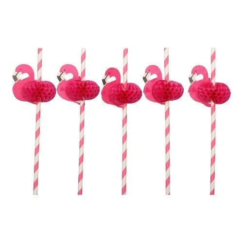 Fünf rosa-weiße PAPSTAR 50 Trinkhalme, Papier Ø 6 mm · 20 cm der PAPSTAR GmbH mit rosa Flamingo-Dekor, in einer Reihe angeordnet. Diese umweltfreundlichen Papiertrinkhalme sind biologisch abbaubar.