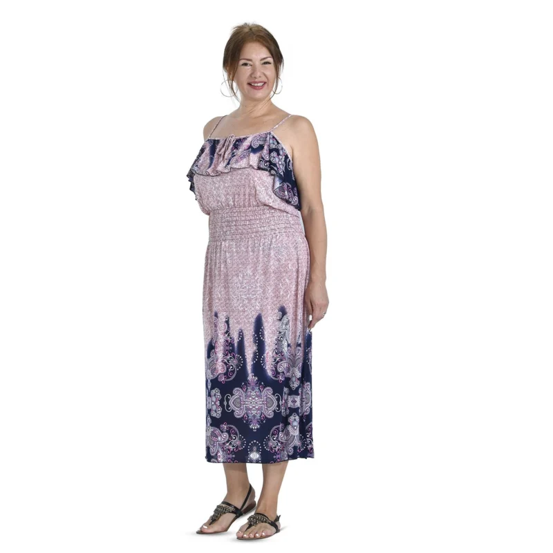Midaxi-Kleid mit gesmokter Taille, One Size, Dunkelblau mit rosa Blumen