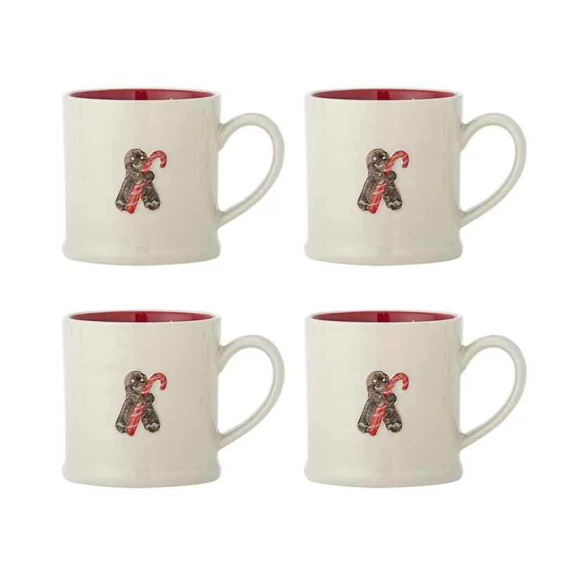 Bloomingville Kenai Tasse 4er Set 300 ml rot Steingut Weihnachtstassen mit Lebkuchenmotiv