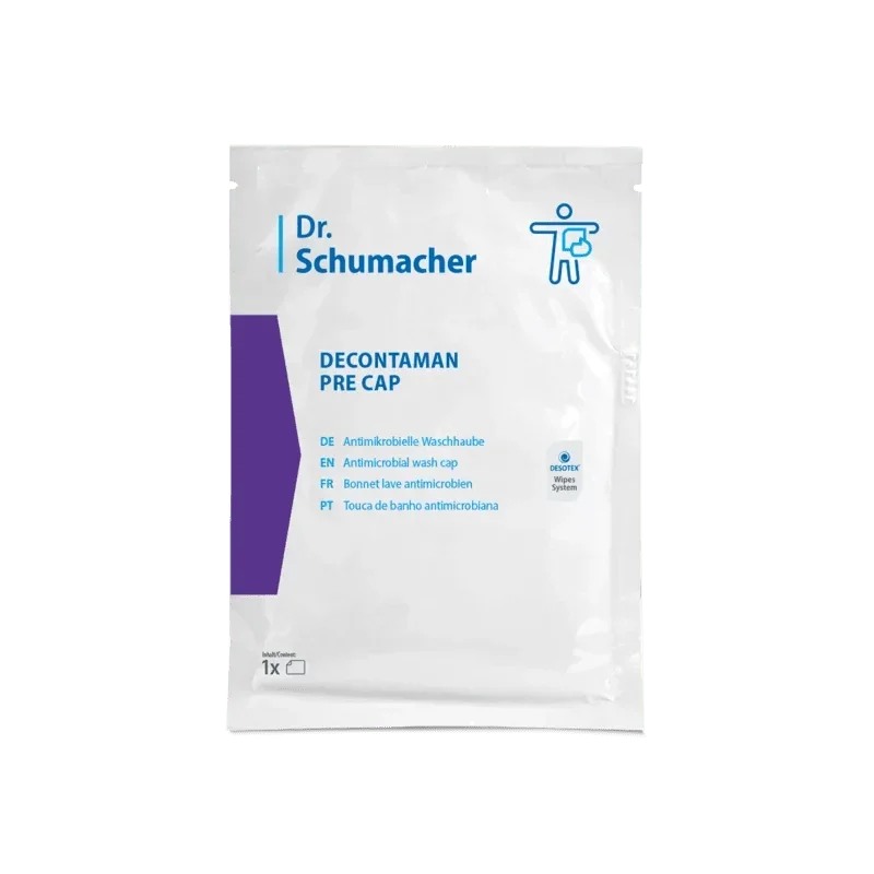 Die Dr. Schumacher Decontaman Pre Cap Waschhaube | Packung (1 Haube) von Dr. Schumacher GmbH kommt in einer weißen Packung mit blau/violetter Schrift und mehrsprachigen Infos - perfekt für die antimikrobielle Reinigung mit der DECONTAMAN CAP Waschhaube.
