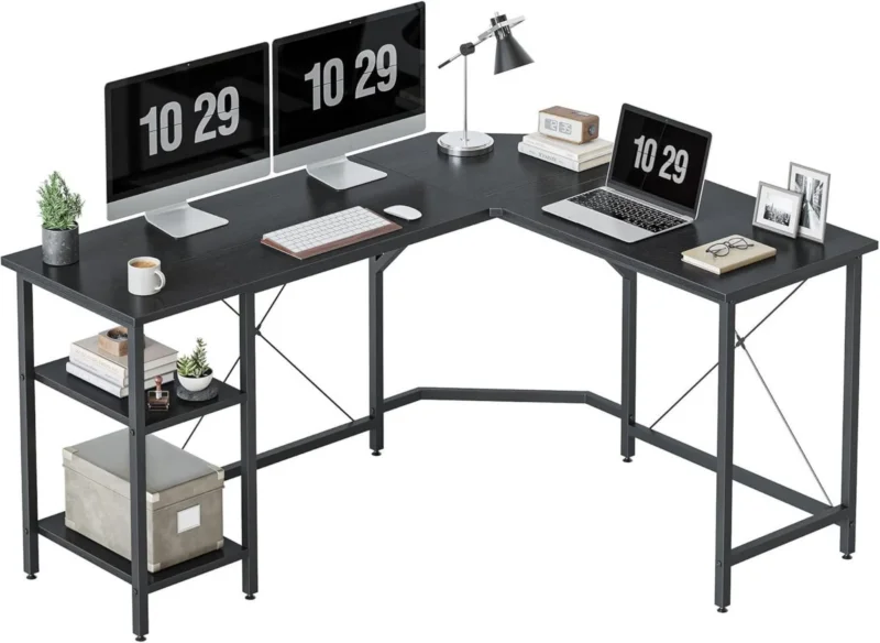 L-förmiger Schreibtisch mit Regalen und 150x120 cm - Schwarz