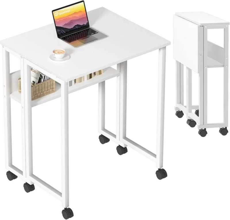 Klappbarer Schreibtisch 63 cm Weiß mit Rollen und Stauraum
