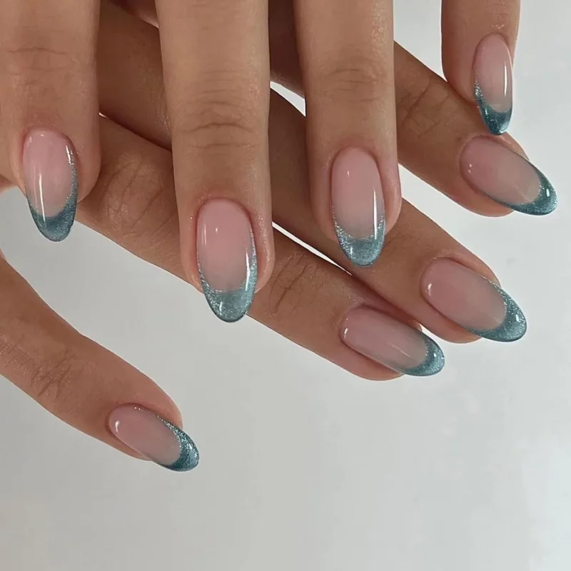 24er Set Press on Nails Mandel French Grün Nude Glänzend