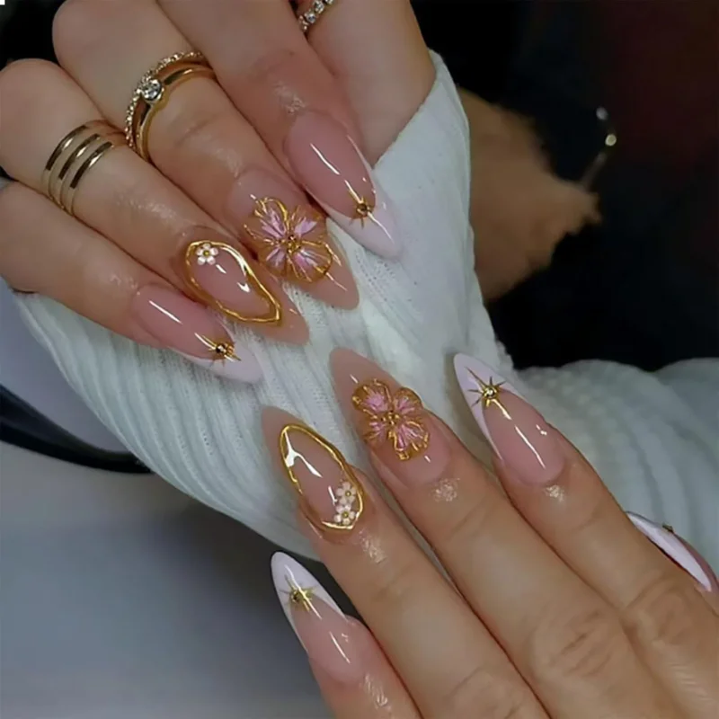 24 Blumen Press On Nails French Tip Mandel Mittel 3D Designs Nude