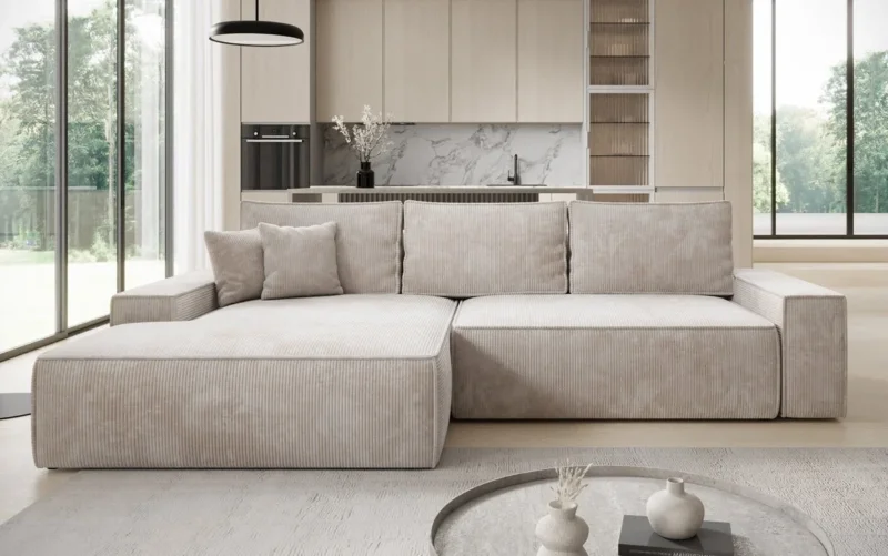 Designer Ecksofa Verona mit breiter Ottomane mit Schlaf- und Klappfunktion in Cord