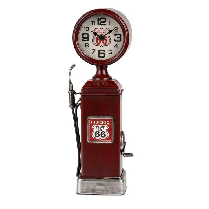 Standuhr Zapfsäule Route 66 aus Metall – dekorative Tischuhr im Retro Design