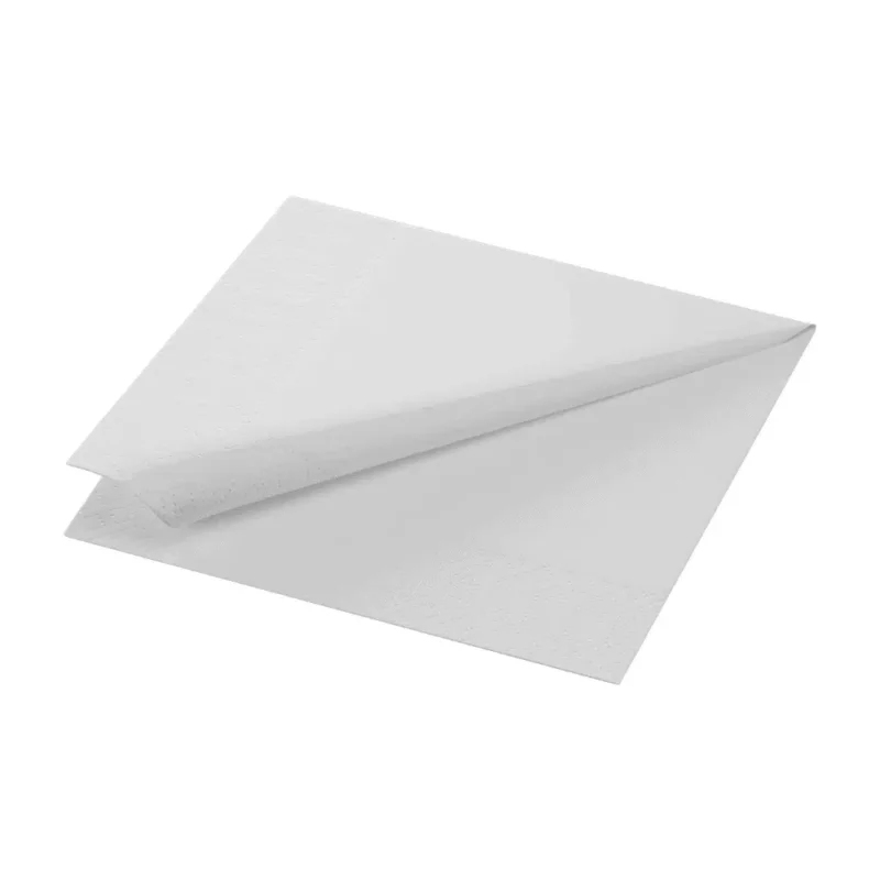Eine Zelltuchserviette der Duni GmbH in den Maßen 33 x 33 cm in weiß mit 1/4 Falz liegt flach mit einer hochgezogenen Ecke. Ihre glatte Struktur lässt ihre 2-lagige Stärke erkennen.