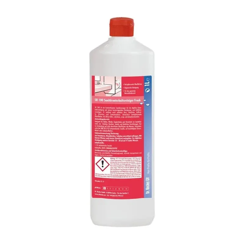 Eine weiße Plastikflasche mit rotem Verschluss. Auf dem Etikett sind deutsche Hinweise sowie Gefahrensymbole zu sehen, die darauf hinweisen, dass sich darin ein Dr. Becher SR 100 Sanitärunterhaltsreiniger Fresh der Dr. Becher GmbH befindet.