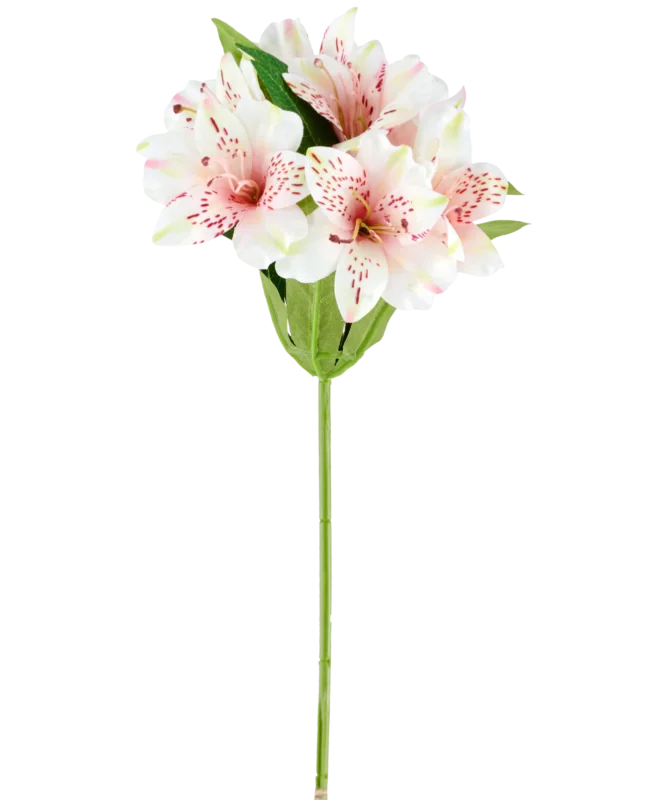 Eine künstliche Alstroemeria-Blume von 47 cm in Rosa/Creme, mit hellrosa und weißen künstlichen Lilien mit grünen Blättern und Stiel, dargestellt auf einem weißen Hintergrund.