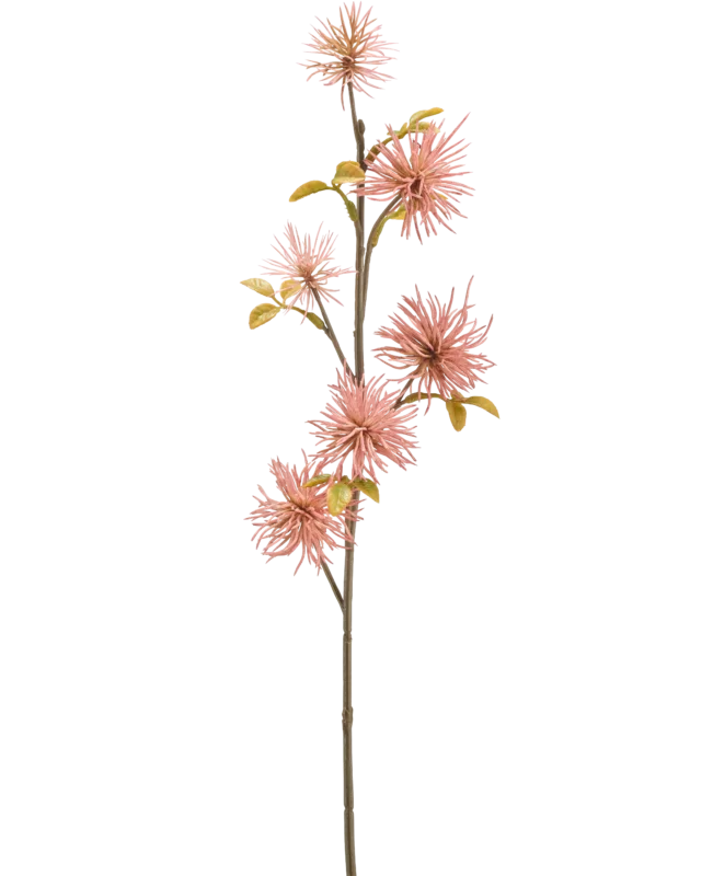 Die Kunstblume Xanthium 53 cm altrosa hat einen langen, schlanken Stiel mit zartrosa Kunstblüten und grün-gelben Blättern vor einem schlichten weißen Hintergrund.