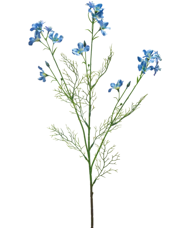 Die Kunstblume Wildes Delphinium 71 cm blau hat einen langen, schlanken grünen Stiel mit fadenförmigen Blättern und blauen Blütensträußen, die sich an der Spitze vor einem weißen Hintergrund verzweigen.