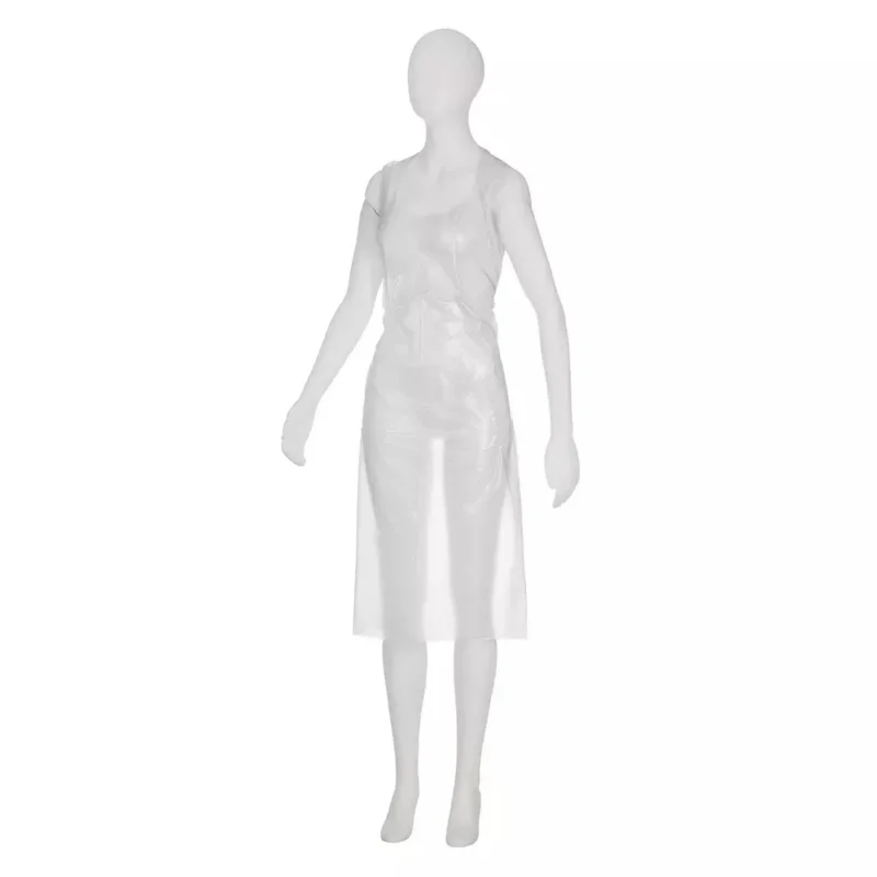 Eine weiße Schaufensterpuppe präsentiert die AMPri Einwegschürzen light, weiß, 75 x 125 cm (Beutel 100 Stück), eine durchsichtige, ärmellose Einwegschürze, die sich ideal für Hygiene und Lebensmittelverarbeitung eignet, vor einem schlichten weißen Hintergrund.
