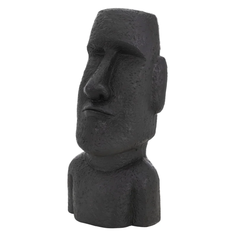 Schwarze Moai Statue mit detaillierter Oberfläche und neutralem Hintergrund.