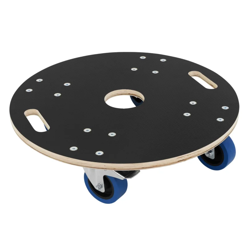Möbelroller mit runder Form und blauen Gummirädern.
